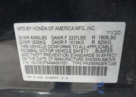 2021 Acura Ilx Premium A-Spec Packages/Technology A-Spec Packages from USA, damaged, VIN 19UDE2F84MA001021
